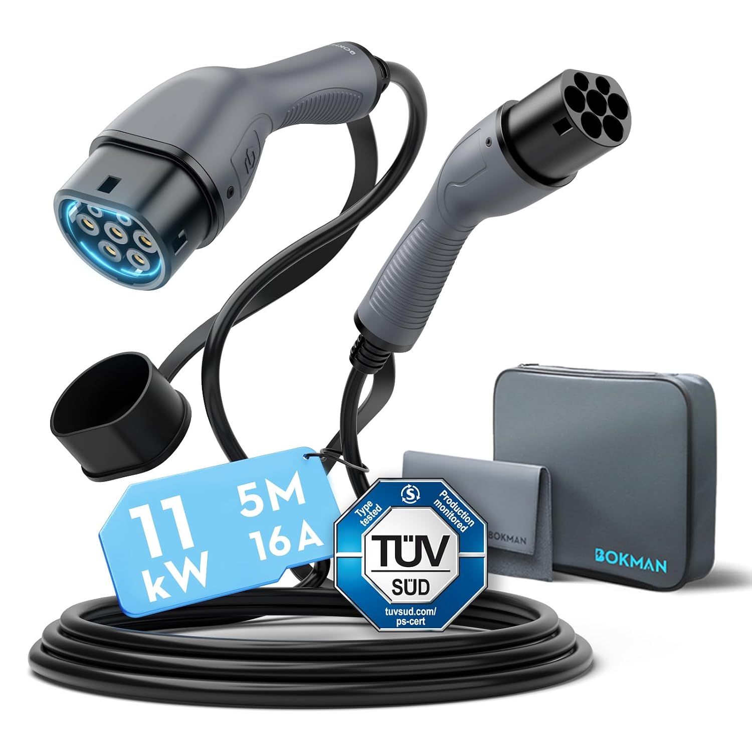 bokman Type 2 Laadkabel, 11kW | 16A Driefasig, 5m, IP55, compatibel met EV en PHEV