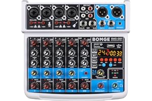 BOMGE 6-Kanal Mini-DJ-Audio-Mixer mit MP3-USB, Bluetooth-Stereo-Aufnahme, 48-V-Phantomspeisung und 99 DSP für Karaoke-Streaming