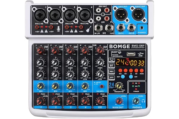 BOMGE Mini console de mixage audio DJ 6 canaux avec interface USB, Bluetooth, enregistrement stéréo, alimentation fantôme 48 V, 24 effets DSP pour karaoké, chant, direct, streaming, recroding PC