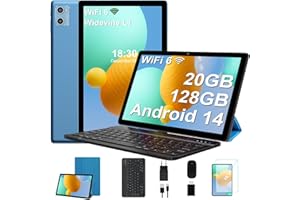SUAAT 2024 Newest Tablet 10 Pulgadas 20GB RAM+128GB ROM (1TB TF), Android 14 Octa-Core, WiFi 6, Bluetooth 5.0, 6000mAh, GMS Certified, 8MP+5MP, Tablet PC con Funda, Teclado y Ratón, Azul