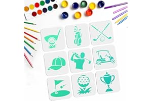 MAYJOYDIY 9PCS Golf Stencils Set Golf Cart Caddy Golf Club Caddy Bag Golf Accessories Golf Ball Stencil 15×15cm Washable PET Material T-Shirts/Albums/Cards Painting