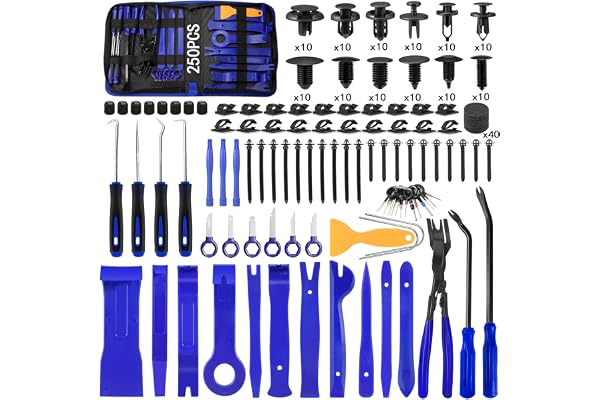 Eaukar 250 PCS Outils de démontage de voiture, Démontage de Garnitures pour Panneau Suppression Installation Garniture Intérieure Outils avec Rivet Clips Plastique pour Radio De Bord De Voiture (Bleu)