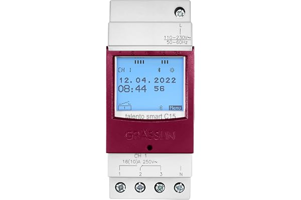 GRÄSSLIN talento smart C15 - 43.03.0001.1 - horloge digitale modulaire interface Bluetooth pour transfert de donnée sans contact - fonctions impulsion, cycle, aléatoire et astro - 1 canal - rail DIN