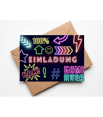 JCVUK Geburtstagseinladungen „Let’s Party!“ – Retro Neon Style – 20 Karten + Umschläge