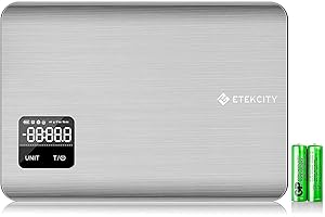 ETEKCITY EK7017 Báscula Digital para Cocina con Pantalla Táctil, Balanza de Alimentos Multifuncional, 5 kg / 11 lbs, Acero Inoxidable de Grado Alimenticio 304, Plata (Baterías Incluidas)