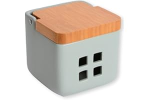 KOOK TIME Barattolo porta aglio con coperchio in legno di bambù - Contenitore salva aglio cucine, in ceramica con fori di ventilazione per una conservazione ottimale - Dimensioni: 11.5x11.5x11.5 cm.