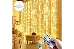 AOSTOK Cortina de Luces 300 LED, 3M x 3M Luces Cortina Navidad, 8 Modos, Con Control Remoto, Impermeable USB Cortina de Luces Decoración Ventana, Navidad, Fiestas, Bodas (Blanco Cálido)