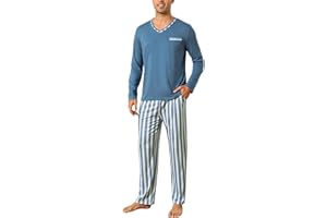 Demegimi Pijama Hombre Invierno Algodón Rayas Pijamas de Manga Larga para Hombres Conjuntos de Pijama de 2 Piezas Ropa de Dormir Cuello en V y Pantalones Largos Suaves