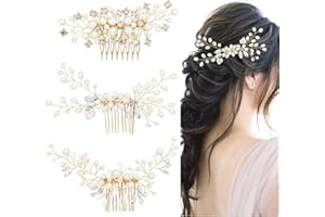 Dizila 3 Pieces Gold Metal Glitter Rhinestone Pearl Party Prom Wedding Bridal Hair Side Combs Slides Headpieces for Women Girls Brides Bridesmaids