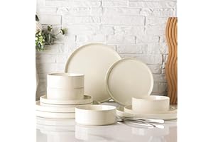 GBHOME Dinnerware Set for 4, 12 Piece Speckled Plates and Bowls Set with Glazed Bottom, Chip & Scratch Resistant Stoneware Plates Sets, Dishwasher & Microwave Safe Dishes (Light Beige, Service for 4)