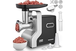 ‎HEINNER HEINNER MG-2100BKSL Fleischwolf - 2100W Elektrischer Fleischwolf mit Edelstahlklingen, 3 Schneidplatten, Tomatenentsafter, Wurst- & Kibbe-Aufsätze, 3 Jahre Garantie