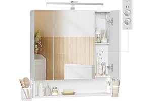 ‎VASAGLE VASAGLE Spiegelschrank Bad mit Beleuchtung, 16,5 x 70 x 75 cm, Steckdosen, Hängekorb, Haartrockner-Halter, Spiegelschrank, Badschrank, Wandschrank, für Badezimmer, wolkenweiß BBK126W01