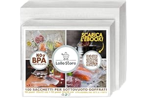 LOLLO STORE 100 Sacchetti Sottovuoto Alimenti con Ricettario 50 pz 15x25cm, 50 pz 20x30 cm per Sous Vide in Ebook - Sacchetti Sottovuoto per Alimenti Goffrate - Buste Sottovuoto Alimenti Bpa Free
