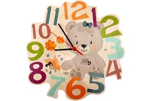 Hess Holzspielzeug 30012 - Wanduhr aus Holz für Kinder, Serie Bär nature, mit Quarzuhrwerk, handgefertigt, Durchmesser ca. 24 cm, farbenfroher Zeitanzeiger für´s Kinderzimmer