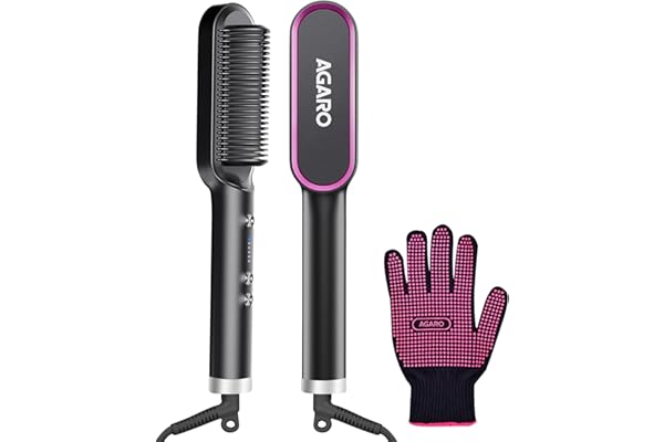 AGARO Hair Straightening Brush, Hair Straightening Comb For Women, Fast Heating, Ionic Care, 5 Heat Settings, Hair Straightener, Hot Brush, Gives Naturally Straight Hair in 5 Mins, Black, HSB2107