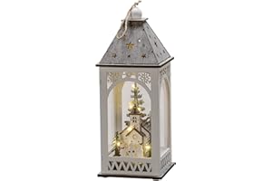Konstsmide Latarnia drewniana LED z kościołem, biała, timer 6 h, 8 diod o barwie ciepłej bieli, zasilana bateriami, do wnętrz - 3271-210