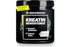 ‎NATURAL ELEMENTS Kreatin Monohydrat Pulver – Markenrohstoff Creapure® – 147 Portionen (500g) – ultrafein: Mesh-Faktor 200 – geschmacksneutral & vegan – reines mikronisiertes Creatin Pulver ohne unnötige Zusätze