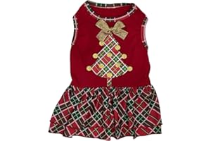 Tangpan Gold Bow-Knot Christmas Tree Print Pet Dog Dress Scottland Plaid Skirt Puppy Clothes Santa Apparel (XS)