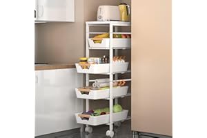 JNUYISW Carrito de Cocina de 5 Niveles, Carrito Auxiliar con Ruedas Marco de Metal con 4 Cajones Extraíbles Carrito de Almacenamiento con Tablero de Madera para Baño, Cocina, Lavandería