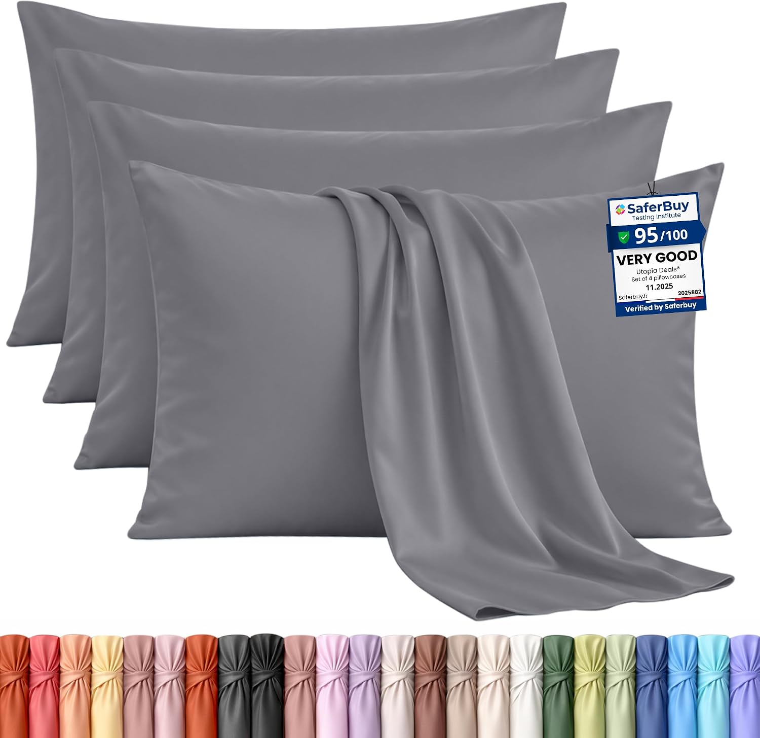 Utopia Bedding - 4 Pack Pillow Cases - OEKO-TEX - Standard Size 50x75 cm - 100% Brushed Microfiber Pillowcases with Envelope Closure, pillows not included - Wrinkle, Fade, & Stain Resistant - Grey