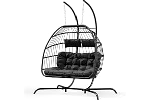 Warmiehomy Swing Egg Chair with Stand 2 Seater Hanging Chair with Cushion PE Wicker Rattan Double Hammock Chairs with Stand Indoor Outdoor Foldable Egg Chairs for Garden, Patio, Balcony, Backyard