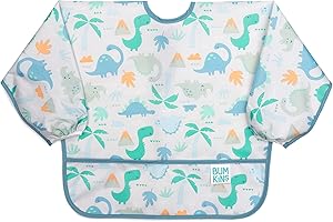 Bumkins Sleeved Bib, Handy Tie Closure for Custom Fit, Catch-All Pocket, Baby-Led Weaning, Waterproof, Machine Washable, Stain & Odour Resistant, BPA Free, 6-24 Months, Dinosaur Design