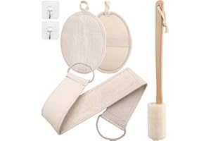 NICEMOVIC 4 Pack Loofah Exfoliating Back Scrubber Set Natural Loofah Sponge Pad Long Wooden Handle Loofah Luffa Loofa Bath Brush Double Side Scrubbing Strap Back Scrubber for Men Women Bathroom Accessories