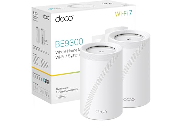 TP-Link Deco WiFi 7 Mesh BE9300 Deco Tri-Band BE65 (paquete de 2), puerto Ethernet/fibra 2.5 Gbps, velocidad WiFi de hasta 9 Gbps, WPA3, canales de 320 MHz, 6 GHz