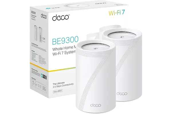 TP-Link Deco WiFi 7 Mesh BE9300 Deco Tri-Band BE65 (paquete de 2), puerto Ethernet/fibra 2.5 Gbps, velocidad WiFi de hasta 9 Gbps, WPA3, canales de 320 MHz, 6 GHz