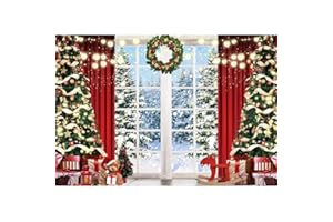 Aoihrraan 2,7x1,8m Navidad Windowsill Fotografía Fondo Navidad Árbol Corona Rojo Cortina Regalo Invierno Bosque Nieve Vista Fondo Nuevo Año Festival Familia Fiesta Decoración Retrato Foto Accesorios