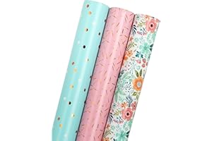 Holijolly Wrapping Paper Roll - Mini Roll - 43cm X 3m Per roll - Pink & Blue & Floral Design (3.87 Square metres)