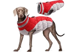Kuoser Hundejacke Hundemantel für Große Hunde Winterweste Wasserdicht Hunde Wintermantel Jacke Winter Hunde Mantel Mit Geschirr Warme Winterjacke Hundepullover Haustier Skifahren Kostüm Rot, 3XL