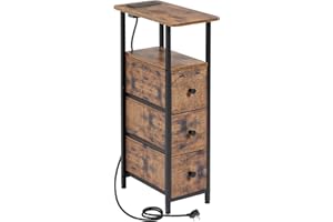 LOAKEKEL Slim Bedside Table with Charging Station, Narrow Side Table with 3 Fabric Drawers, Small End Table with Open Storage Shelf, Nightstand for Small Spaces, Living Room, Brown UHETNDP03PBR-1
