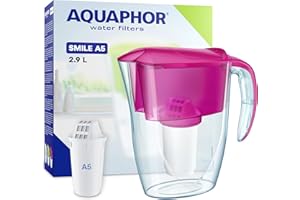 ‎AQUAPHOR AQUAPHOR Wasserfilter Smile Cyclamen inkl. 1 A5 Filter I Reduziert Kalk & Chlor I Karaffe für 2,9l I Kompakter & leichter WasserfiIter I Tischwasserfilter I Passt in die Kühlschranktür