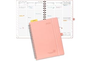 POPRUN Agenda 2024 Semainier 22 x 16,5 cm, Planner Vertical 12 Mois De jan 2024 à déc 2024 avec Couverture Souple Spirale, Règle et signet, Papier Certifié FSC®100 g/m² - Rose