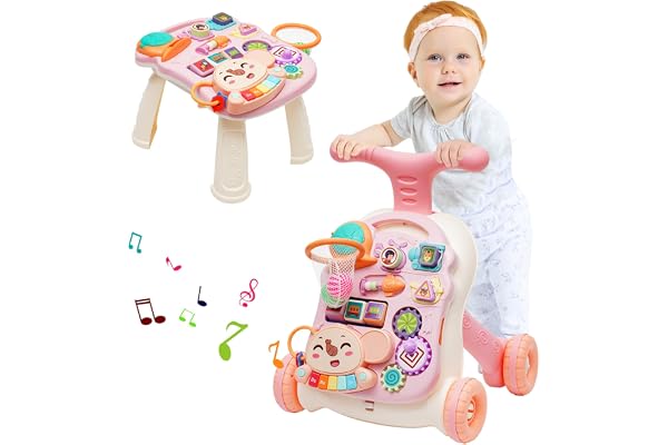 Trotteur Pour Bébé, Trotteur 2 en 1 Assis-debout, Trotteur avec Jouets Montessori et Tableau d'Éveil Détachable, Baby Walker avec Pneus en Caoutchouc, Trotteur pour Bébé à Partir de 6 Mois