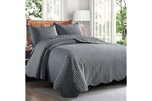 Cozy Haven Quilt Mono Bedspread 3 Pieces Set – Coverless Quilted Leaf Motif Bedspread, Comforter Throw, Summer and All-Season Lightweight Bedding Sets, with 2 Pillow Shams (Double, Grey)