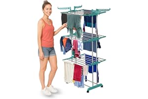 GADDA CO Premium Cloth Drying Stand 3-Tier Heavy Duty Foldable Rack with Wheels, 24 Hanger Rods & Adjustable Side Wings Anti-Rust Steel Teal Green 65 x 31 x 17 inch Indoor & Balcony Use