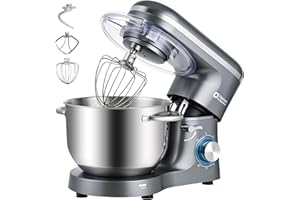 Kitchen in the box Robot Pâtissier 1400W, Bol 6,2L en Acier Inoxydable, 6 Vitesses, Fouet, Crochet et Batteur Inclus, Idéal pour Pâtisserie et Boulangerie (Gris)