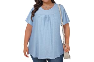 Akiooue Womens Plus Size Tops Ruffle Short Sleeve Pleated T Shirts Loose Flowy Crew Neck Tunic Blouse Shirts 1XL-5XL