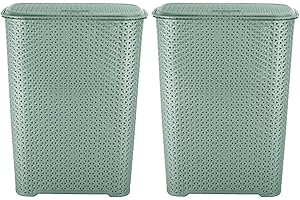 JMS WE CREATE SMILE (Set of 2) 65L Litre Laundry Basket with Flip Lid Knit Design Plastic Hamper Washing Baskets Freestanding Sturdy Tall Laundry Sorter Bin Storage Basket Linen Clothes Laundry Hamper Box (Silver Sage)
