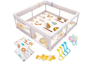 Akeraq Pudełko dla Dzieci z Materacem, Ogrodzenie z Wyściełanym Dywanem, Przenośne, Oddychająca Siatka, Grzechotka, Piłki Do Gry i Pierścienie