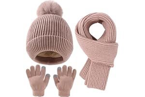 Yaopelky Set Cappello, Sciarpa e Guanti Invernale per Bambini - Berretto con Pompon, Sciarpa Lunga e Guanti Touchscreen - Completo 3 in 1 per Ragazze e Ragazzi