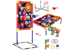 NAFONRU Shooting Games for Kids – 3-in-1 Bean Bag Toss & Shooting & Ring Toss Carnival Outdoor Game Set with 2 Shooting Toys Blasters, Garden Indoor Outdoor Toys for Boys Girs Ages 5 6 7 8 9 10+ Gift