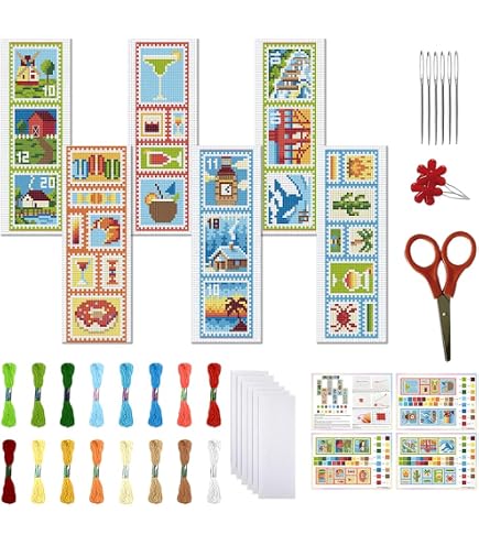 Kit 6 Marque-pages Point De Croix DIY - Motifs Street View 11CT - Complet Avec Fils, Aiguilles, Instructions - Pour Débutants - 6