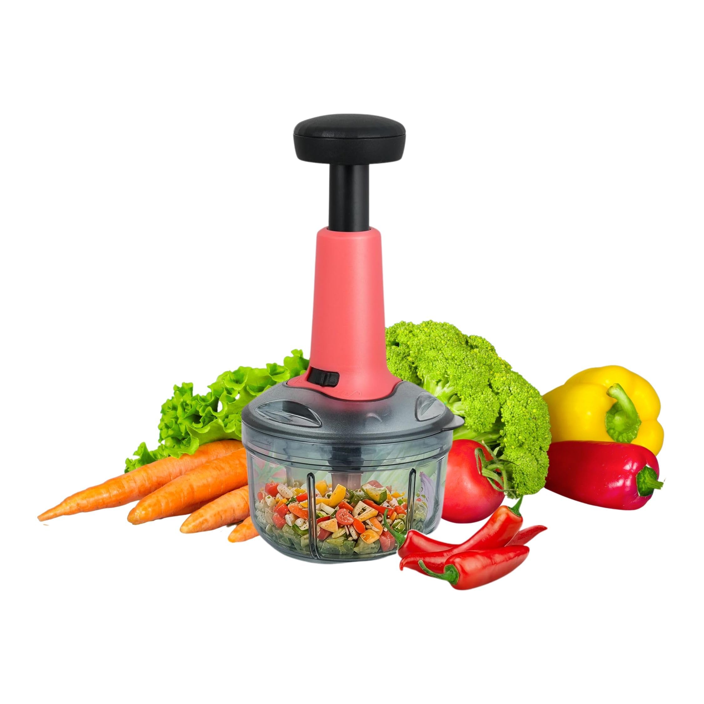 BRIGHT 650ml Hand Push Vegetable Chopper, Food Cutter & Blender for Fruits, Veggies, Curd, Portable Kitchen Tool with Sharp Blades, Large Capacity, Red