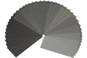 STEBRUAM Papier de Verre, Papier Abrasif 120/150/180/240/320/400/600/800/1000/1200/1500/2000/2500/3000 Grains Utilisé pour polir le métal le bois les voiture, 42 Pièces Papier à Poncer 9x3,6 pouces