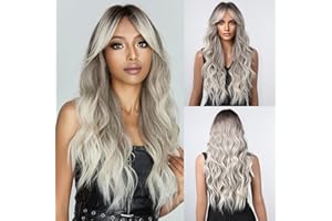 ‎TESTAR testar Graue Perücken für schwarze Frauen lange Ombre Braun Grau Lockenperücke mit Air Bangs dunklen Wurzeln hitzebeständige synthetische Perücke für den täglichen Gebrauch