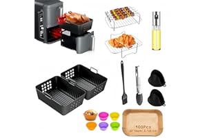 Azragon 20in1 Air Fryer Accessories Set for Ninja/Keplin/Tower/EMtronics/Instant Vortex7.6L-9.5L Dual, Stainless Steel Racks, Heat-Insulated Clip, Oil Brush, Sausage Skewers,Cake Boxes, Oven Shelf.