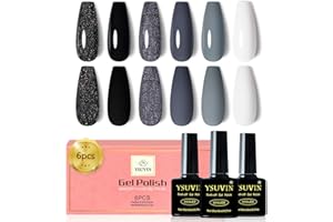 YSUVIN Esmaltes Semipermanentes para Uñas, 6 Colores Serie Negro, Negro Blanco Gris Glitter Negro Pintauñas Semipermanentes, Esmalte Uñas Soak Off UV/LED Gel Uñas Diy Manicura Nail Art Set, 8ml